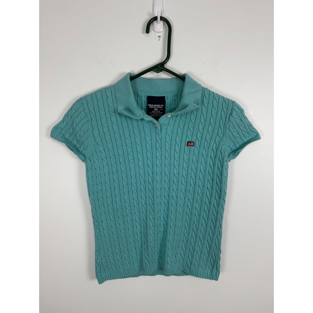 Polo Jeans Co Ralph Lauren Women's Medium Turquoise Cable Knit Polo Sweater